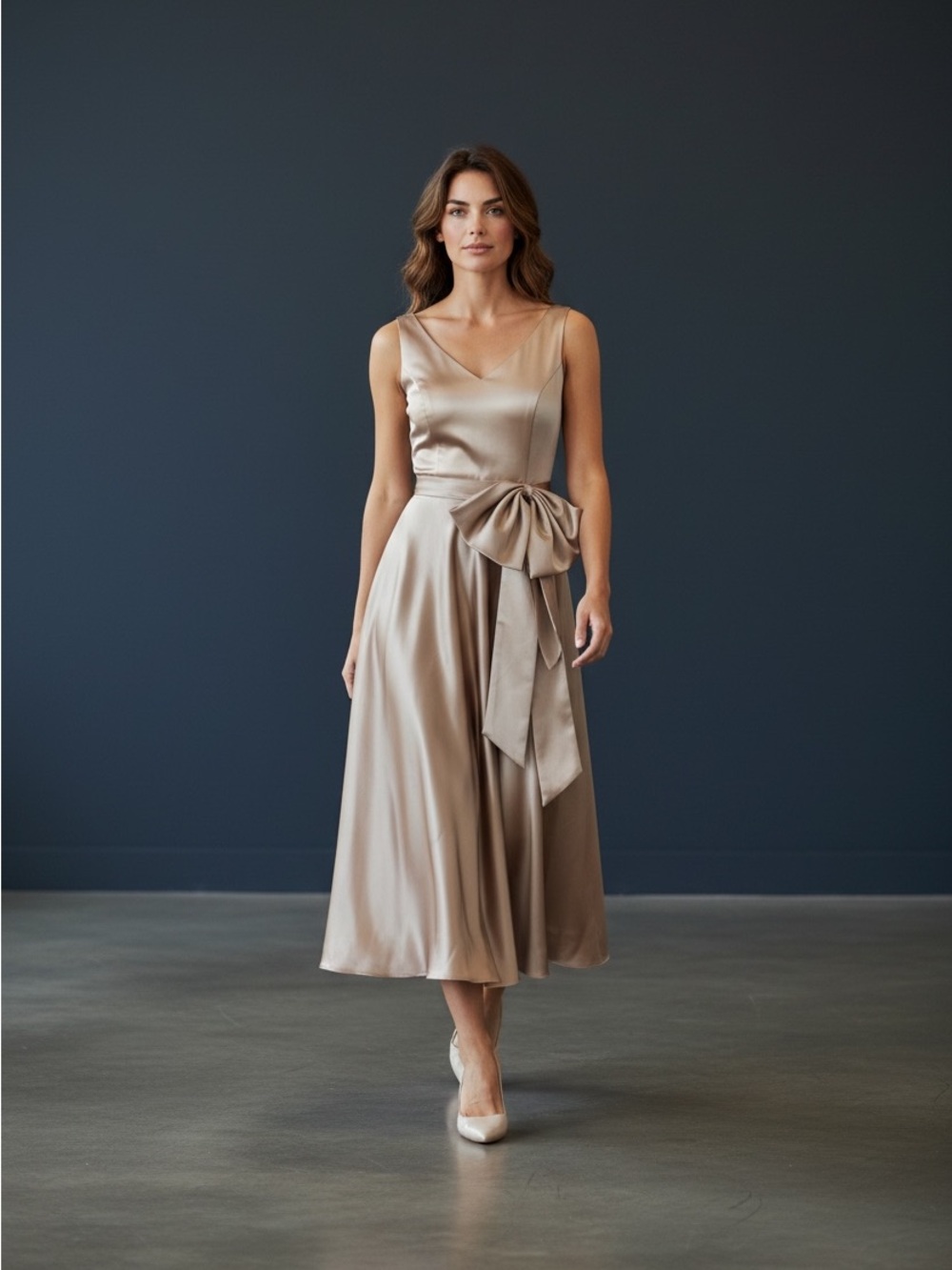 Custom Made Satin Formal Gown Champagne Blush Bow Dress Pockets XS